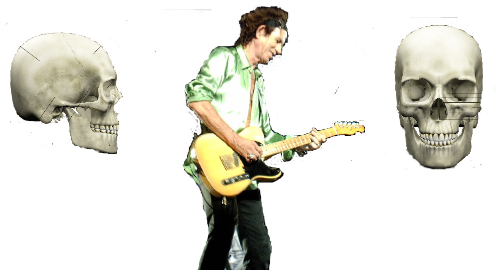 Photo-illustration ahows Keith Richards in concert, 2006, with a skull facing right on his left and a skull looking out at the viewer on his left. All images from Wikipedia.