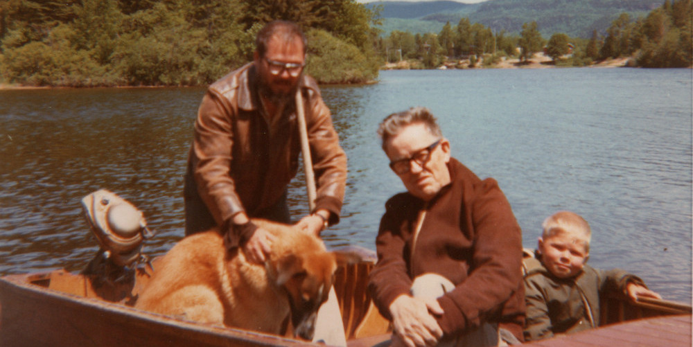 Photo of Dog with Carl Dow, Bill A. Hart and Geoffrey Dow, circa 1967 or 1968