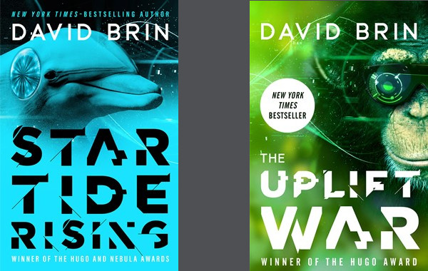 Image shows covers of Startide Rising (left) and The Uplift War (right), both by David Brin.